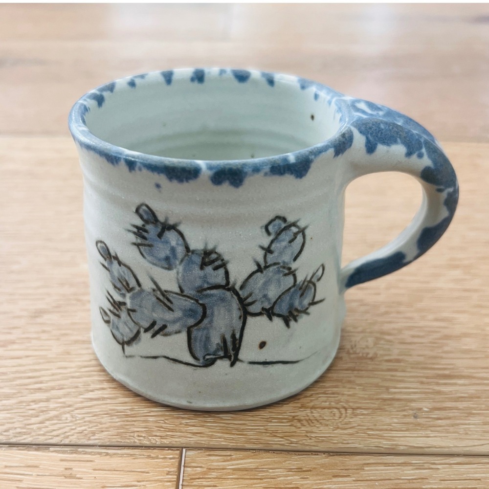 Handmade Studio Pottery Cactus Mug Blue Prickly Pear Stoneware Southwestern Cup